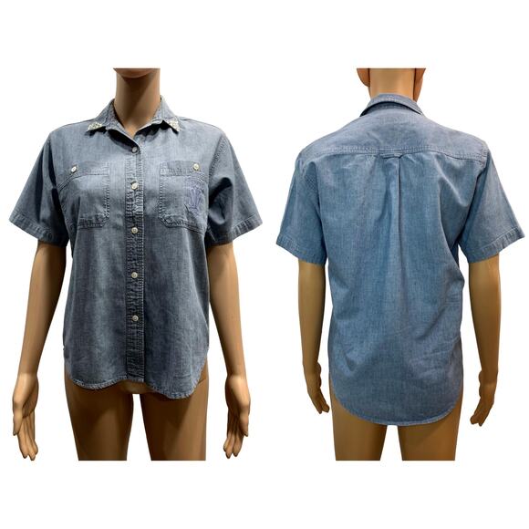 80s Sperry Top Sider Chambray Work Shirt w Rhinestone Collar Tips | XS - Picture 5 of 9